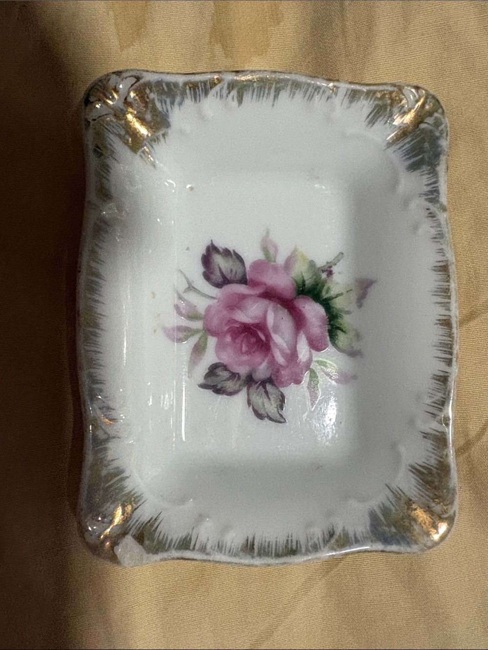 Porcelain Decorative Trinket Dish with Pink Rose Motif